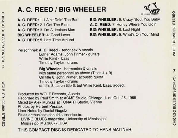 A.C. Reed / Big Wheeler* - Chicago Blues Session Volume 14 (CD, Album) (Very Good Plus (VG+)) - Image 2