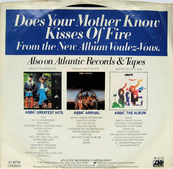 ABBA - Does Your Mother Know / Kisses Of Fire (7", Single, Spe) (Very Good Plus (VG+)) - Image 2