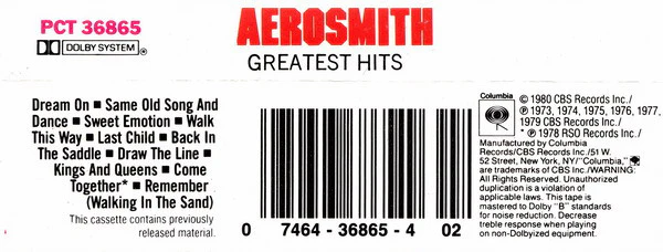 Aerosmith - Aerosmith's Greatest Hits (Cass, Comp, RE, Tra) (Very Good Plus (VG+)) - Image 2