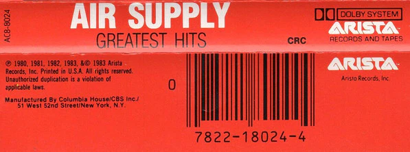 Air Supply - Greatest Hits (Cass, Comp, Club, Dol) (Very Good Plus (VG+)) - Image 2