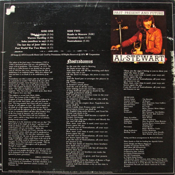 Al Stewart - Past, Present And Future (LP, Album, Ter) (Near Mint (NM or M-)) - Image 2