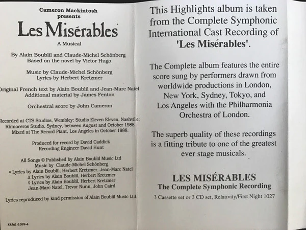 Alain Boublil & Claude Michel Schönberg* - Highlights From Les Misérables: The International Cast Recording (Cass, Album) (Very Good Plus (VG+)) - Image 2