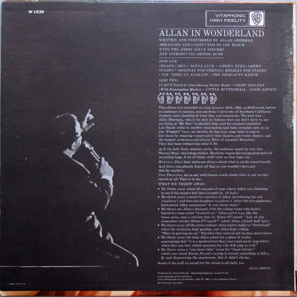 Allan Sherman - Allan In Wonderland (LP, Album, Mono, Vit) (Very Good Plus (VG+)) - Image 2