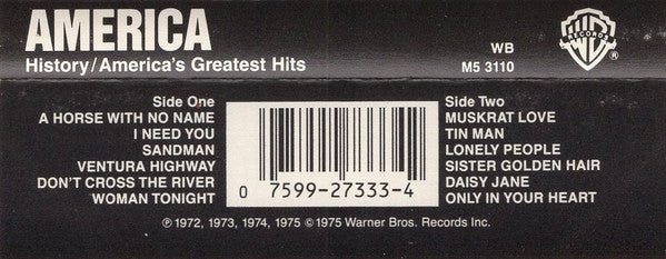 America - History / America's Greatest Hits (Cass, Comp, RE) (Near Mint (NM or M-)) - Image 2