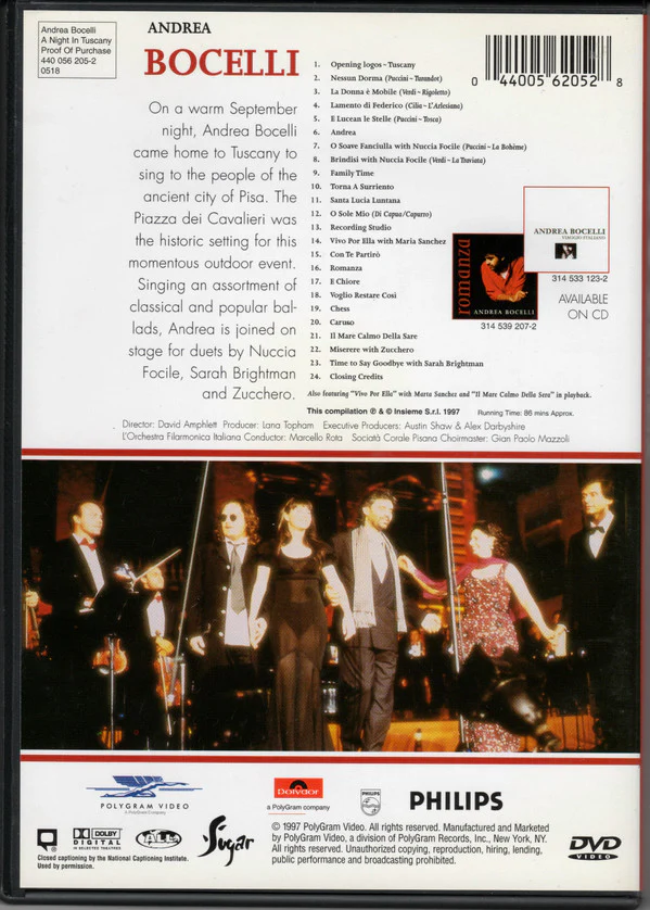 Andrea Bocelli - A Night In Tuscany (DVD-V) (Very Good (VG)) - Image 2