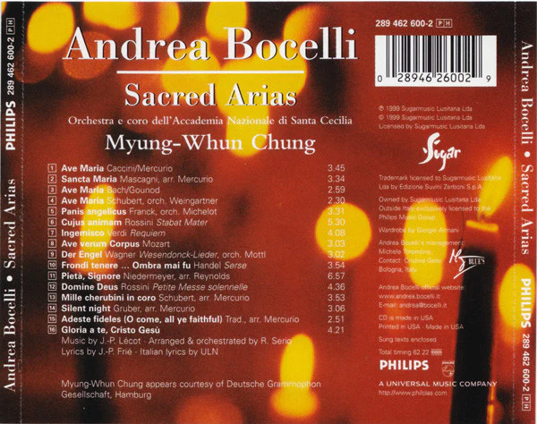 Andrea Bocelli, Orchestra* E Coro dell'Accademia Nazionale di Santa Cecilia, Myung-Whun Chung - Sacred Arias (CD, Album) (Very Good Plus (VG+)) - Image 2