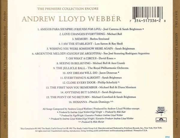 Andrew Lloyd Webber - The Premiere Collection Encore (CD, Comp) (Very Good Plus (VG+)) - Image 3