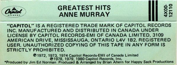 Anne Murray - Anne Murray's Greatest Hits (Cass, Comp, Club, Bla) (Near Mint (NM or M-)) - Image 2