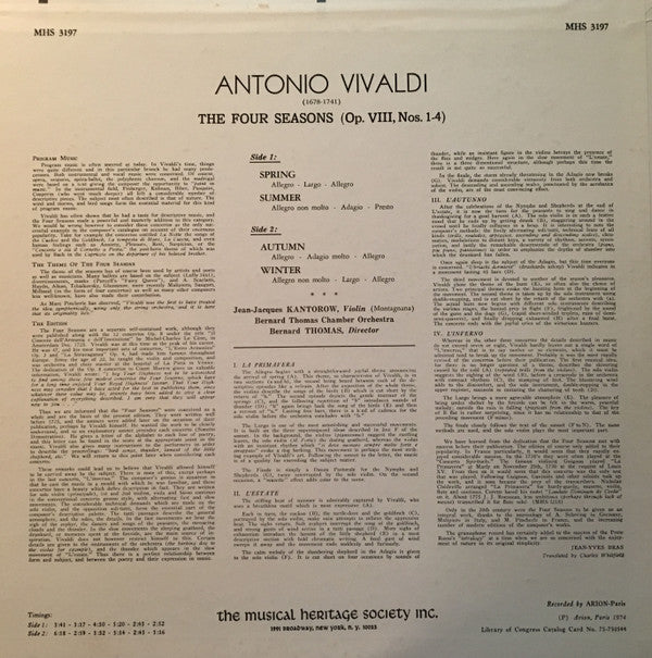 Antonio Vivaldi - Jean-Jacques Kantorow, Orchestre de Chambre Bernard Thomas, Bernard Thomas - The Four Seasons (LP, Album) (Near Mint (NM or M-)) - Image 2