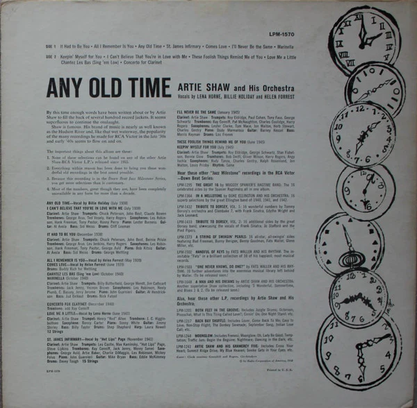 Artie Shaw And His Orchestra - Any Old Time (LP, Comp, Mono, Ind) (Very Good Plus (VG+)) - Image 2