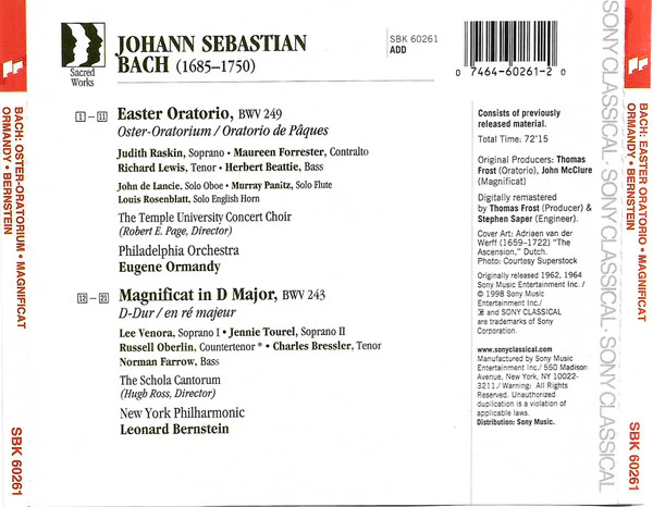 Bach*, Philadelphia Orchestra*, Eugene Ormandy, New York Philharmonic, Leonard Bernstein - Easter Oratorio - Magnificat (CD, Comp, RE) (Very Good Plus (VG+)) - Image 2