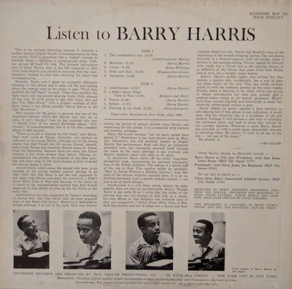Barry Harris - Listen To Barry Harris . . . Solo Piano (LP, Album, Mono) (Mint (M)) - Image 2