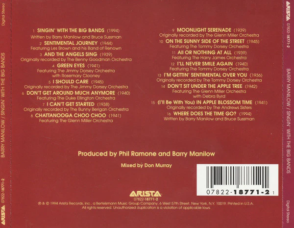 Barry Manilow - Singin' With The Big Bands (CD, Album) (Very Good Plus (VG+)) - Image 2