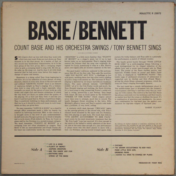 Basie* / Bennett* - Count Basie Swings / Tony Bennett Sings (LP, Album, Mono) (Very Good Plus (VG+)) - Image 2