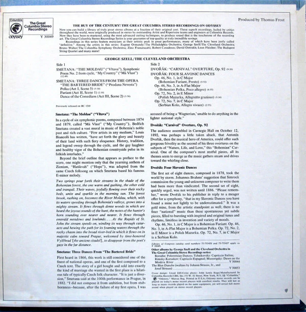 BedÅ™ich Smetana / AntonÃn Dvořák : George Szell, The Cleveland Orchestra - The Moldau, Three Dances From The Bartered Bride / Carnival Overture - Four Slavonic Dances (LP, RE, RM) (Very Good Plus (VG+)) - Image 2