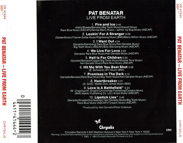 Benatar* - Live From Earth (CD, Album, Club, CRC) (Very Good Plus (VG+)) - Image 4