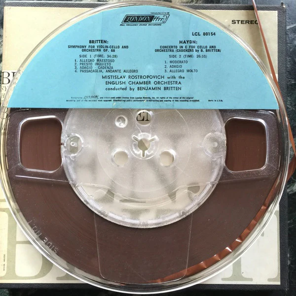 Benjamin Britten, Mstislav Rostropovich, English Chamber Orchestra, Joseph Haydn - Symphony For Cello And Orchestra, Op. 68 / Concerto In C For Cello And Orchestra (Reel, 4tr Stereo, 7" Reel, Album) (Very Good Plus (VG+)) - Image 3