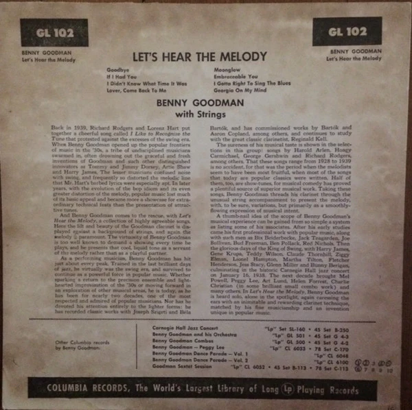 Benny Goodman With Strings - Let's Hear The Melody (10", Mono) (Very Good (VG)) - Image 2
