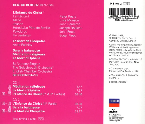 Berlioz*, Morison*, Pears*, Cameron*, Rouleau*, Sir Colin Davis - L'Enfance Du Christ / Méditation Religeuse / La Mort D'Ophélie / Sara La Baigneuse / La Mort De Cléopâtre (2xCD, Comp, Club, RM) (Mint (M)) - Image 2