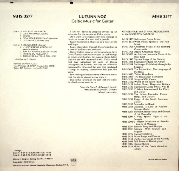 Bernard Benoit - Lutunn Noz: Celtic Music For Guitar (LP, Album) (Very Good (VG)) - Image 2