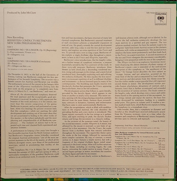 Leonard Bernstein Conducts Ludwig van Beethoven • New York Philharmonic - Symphony No. 7 (LP, Album, RE) (Near Mint (NM or M-)) - Image 2