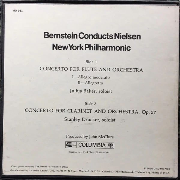 Bernstein* Conducts Nielsen* / New York Philharmonic, Julius Baker, Stanley Drucker - Concerto For Flute And Orchestra / Concerto For Clarinet And Orchestra (Reel, 4tr Stereo, 7" Reel, Album) (Very Good Plus (VG+)) - Image 2
