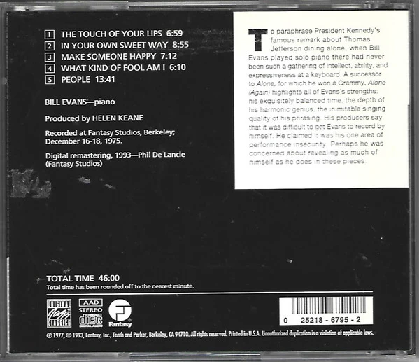 Bill Evans - Alone (Again) (CD, Album, RE, RM) (Near Mint (NM or M-)) - Image 2