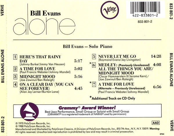 Bill Evans - Alone (CD, Album, RE) (Near Mint (NM or M-)) - Image 2