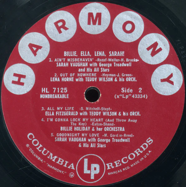 Billie Holiday, Ella Fitzgerald, Lena Horne, Sarah Vaughan - Billie, Ella, Lena, Sarah! (LP, Comp) (Very Good Plus (VG+)) - Image 4