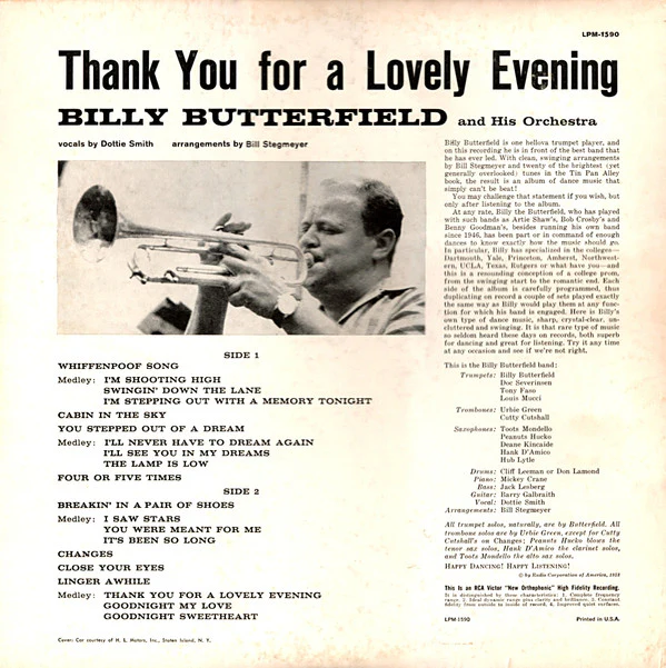 Billy Butterfield And His Orchestra - Thank You For A Lovely Evening (LP, Album, Mono) (Very Good Plus (VG+)) - Image 2