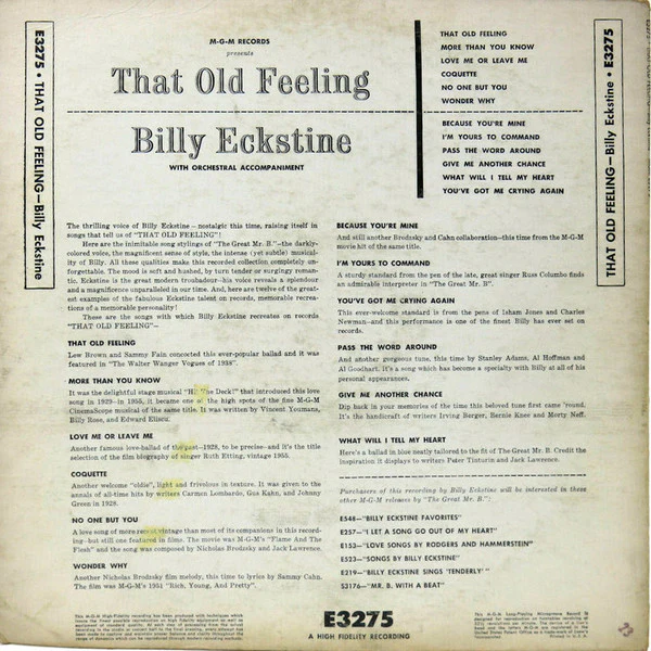 Billy Eckstine - That Old Feeling (LP, Album, Mono) (Very Good (VG)) - Image 2