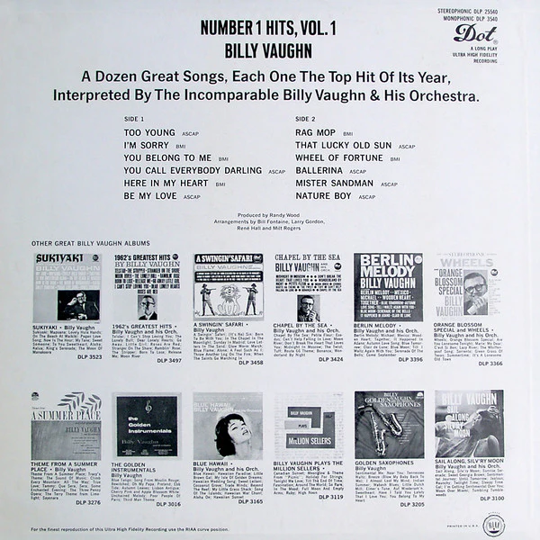 Billy Vaughn - Number 1 Hits, Vol. 1 (LP) (Near Mint (NM or M-)) - Image 2