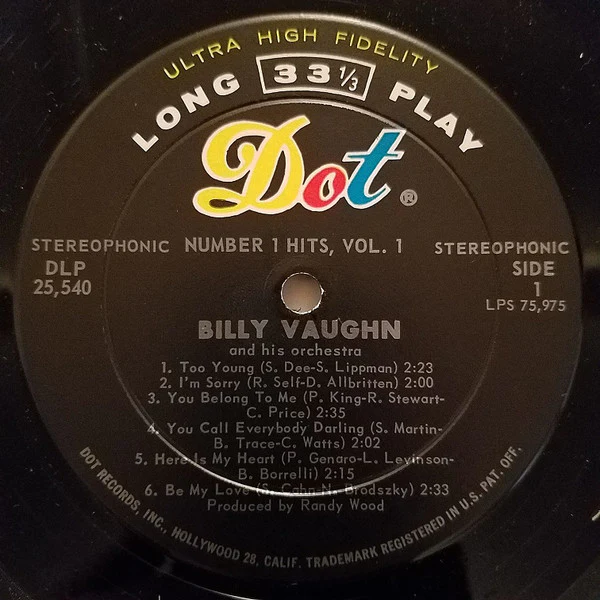 Billy Vaughn - Number 1 Hits, Vol. 1 (LP) (Near Mint (NM or M-)) - Image 3