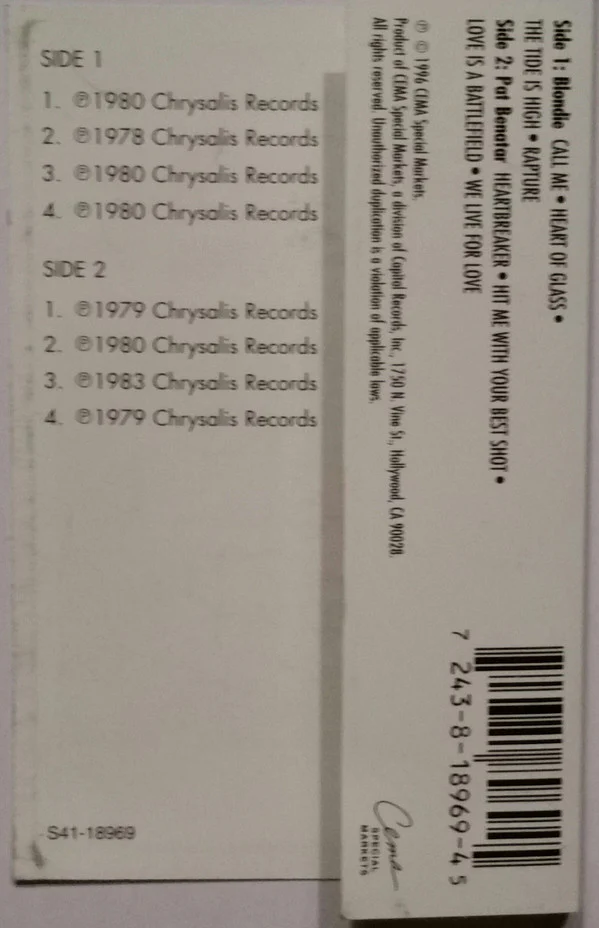 Blondie / Pat Benatar - Back To Back Hits (Cass, Comp) (Very Good Plus (VG+)) - Image 2