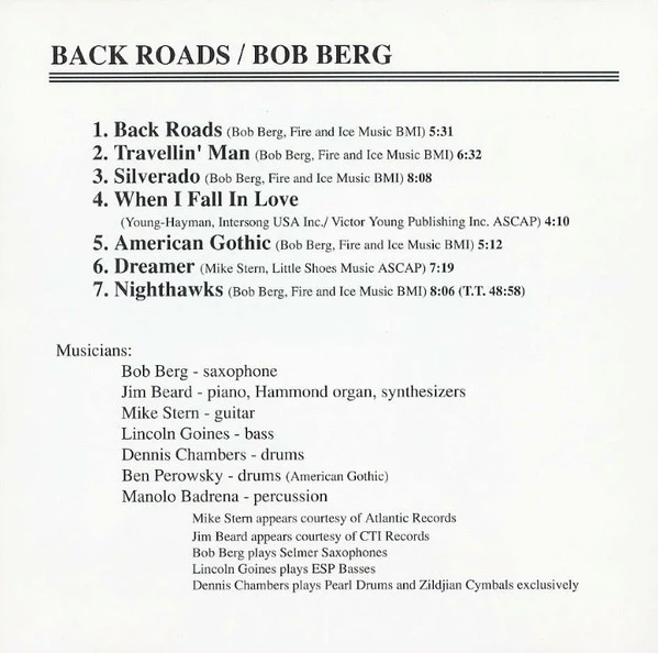 Bob Berg - Back Roads (CD, Album, Promo) (Very Good Plus (VG+)) - Image 4