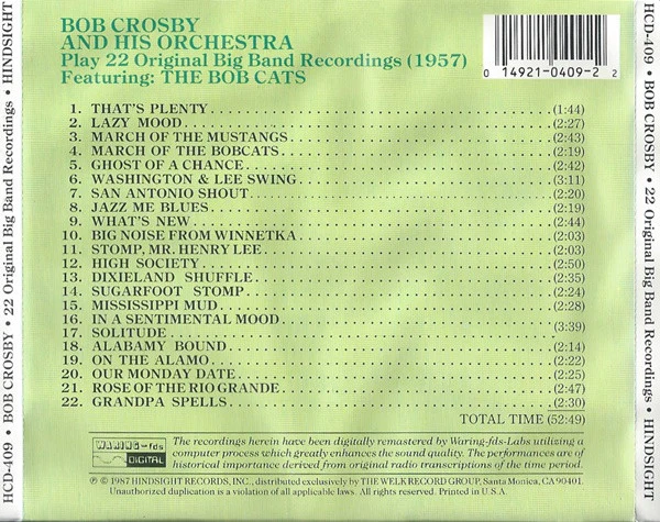 Bob Crosby And His Orchestra - 22 Original Big-Band Recordings (CD, Comp, RM) (Near Mint (NM or M-)) - Image 2