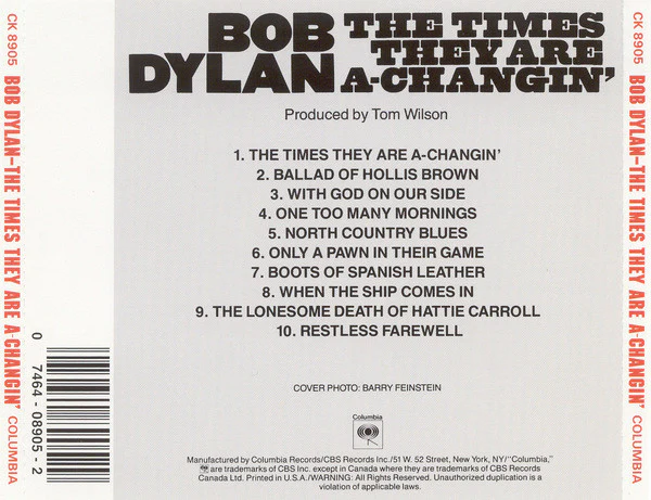Bob Dylan - The Times They Are A-Changin' (CD, Album, RE, RP) (Near Mint (NM or M-)) - Image 2