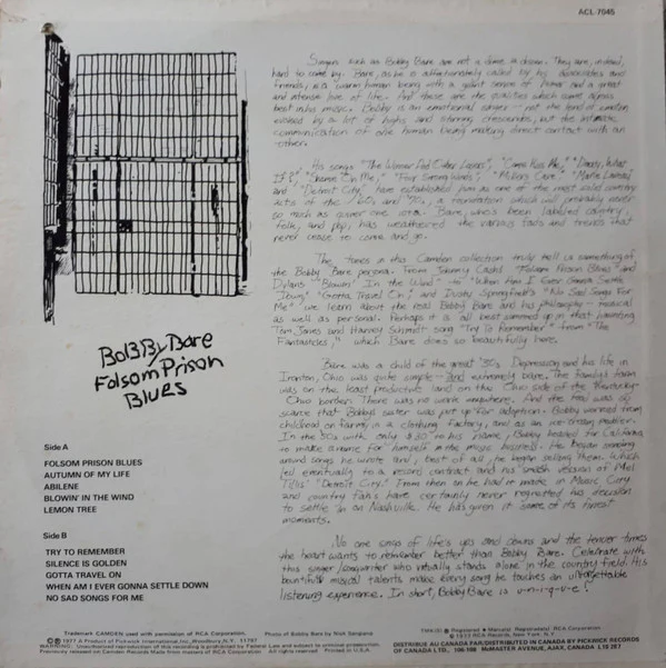 Bobby Bare - Folsom Prison Blues (LP, Album, RE) (Near Mint (NM or M-)) - Image 2