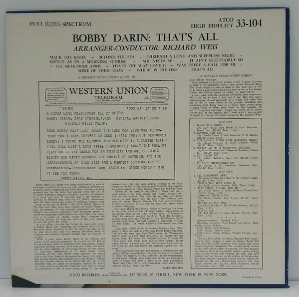 Bobby Darin - That's All (LP, Album, Mono) (Good Plus (G+)) - Image 2