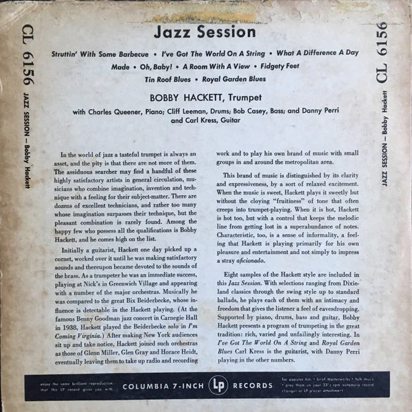 Bobby Hackett - Jazz Session (10", Mono) (Very Good (VG)) - Image 2