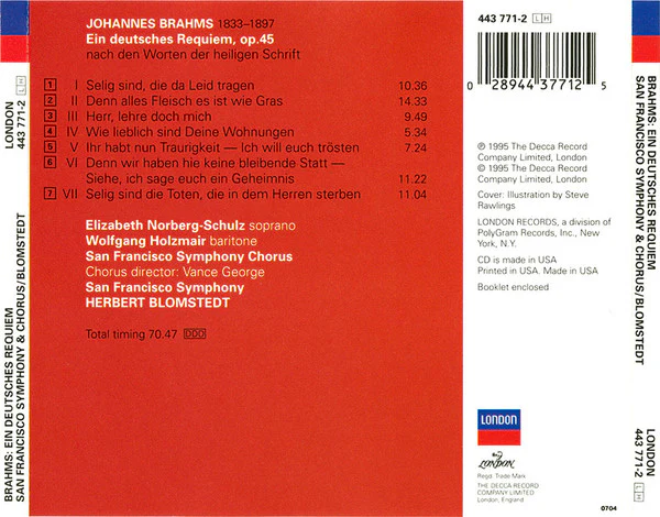 Brahms* - Elizabeth Norberg-Schulz* · Wolfgang Holzmair, San Francisco Symphony & Chorus*, Herbert Blomstedt - Ein Deutsches Requiem (CD, Album) (Very Good (VG)) - Image 2