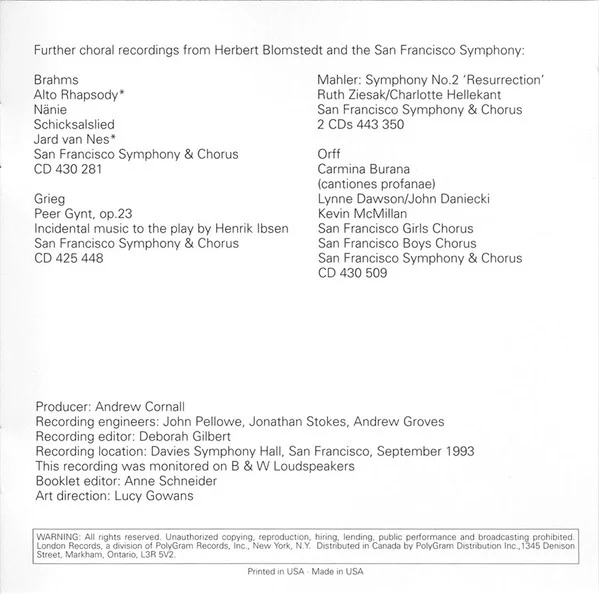 Brahms* - Elizabeth Norberg-Schulz* · Wolfgang Holzmair, San Francisco Symphony & Chorus*, Herbert Blomstedt - Ein Deutsches Requiem (CD, Album) (Very Good (VG)) - Image 4