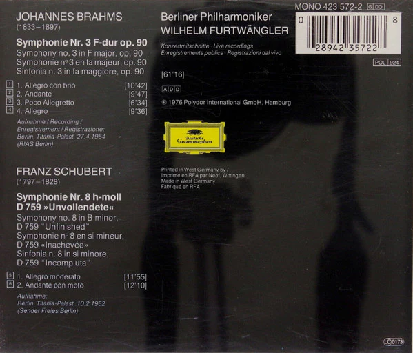 Brahms* / Schubert* – Berliner Philharmoniker, Wilhelm Furtwängler - Symphonie No. 3 / Symphonie No. 8 »Unvollendete · Unfinished · Inachevée« (CD, Comp, Mono, RM) (Very Good Plus (VG+)) - Image 2