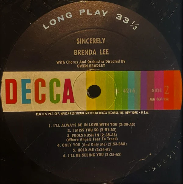Brenda Lee - Sincerely (LP, Album, Mono, RP, Glo) (Very Good (VG)) - Image 4