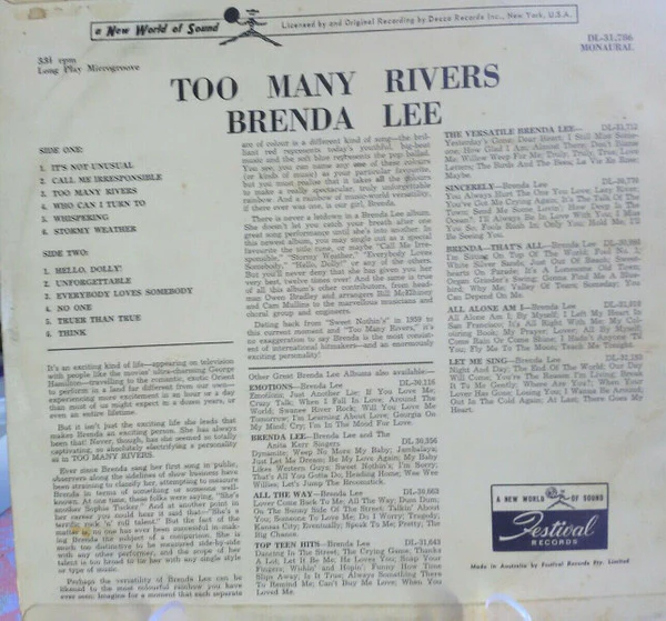 Brenda Lee - Too Many Rivers (LP, Album, Mono) (Very Good (VG)) - Image 2