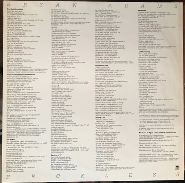 Bryan Adams - Reckless (LP, Album, R -) (Near Mint (NM or M-)) - Image 3