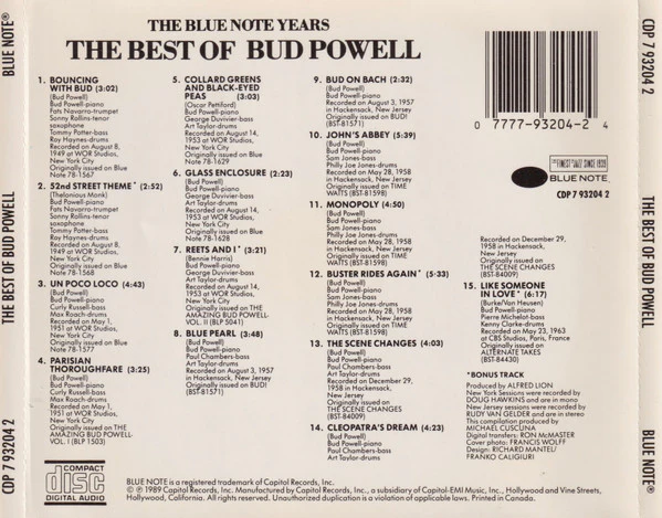 Bud Powell - The Best Of Bud Powell (CD, Comp) (Near Mint (NM or M-)) - Image 2