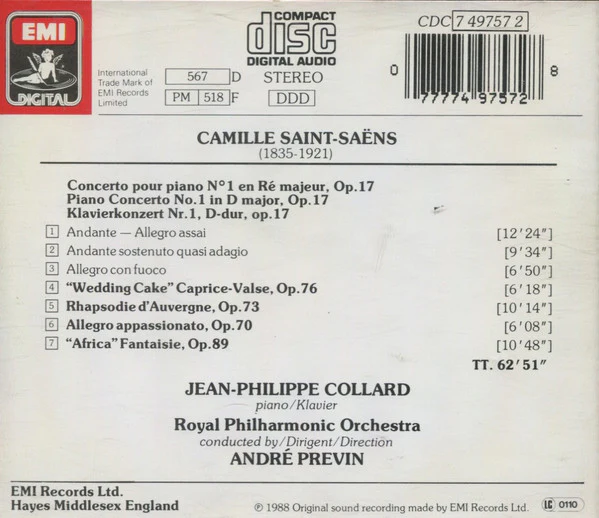 Camille Saint-Saëns, Jean-Philippe Collard, André Previn, The Royal Philharmonic Orchestra - Concerto Pour Piano No. 1 (CD, Album) (Near Mint (NM or M-)) - Image 2