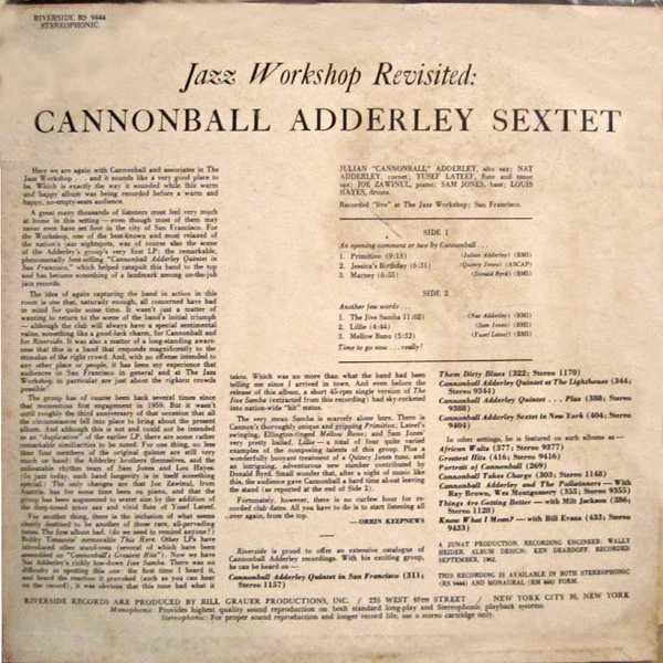 Cannonball Adderley Sextet - Jazz Workshop Revisited (LP, Album) (Near Mint (NM or M-)) - Image 2