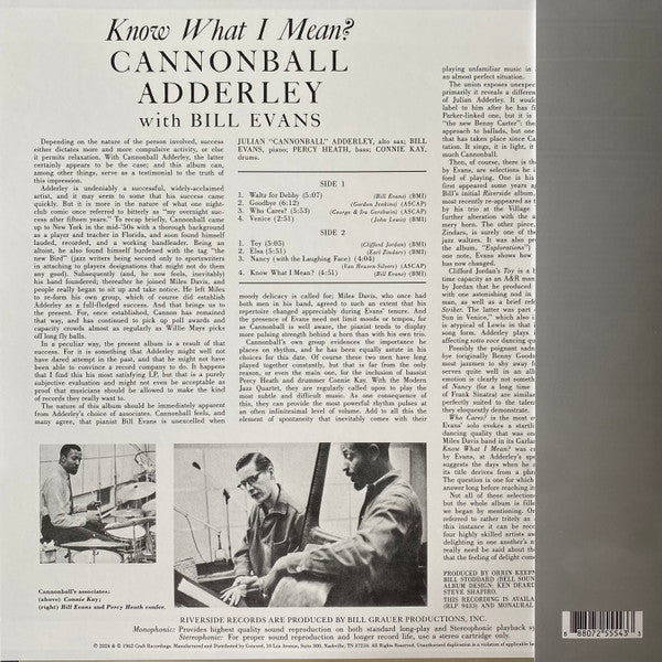 Cannonball Adderley With Bill Evans - Know What I Mean? (LP, Album, RE, 180) (Mint (M)) NEW & SEALED - Image 3